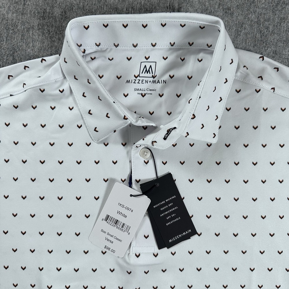 Mizzen+Main Mens Versa Polo Small Trim Fit White Print New With Tags